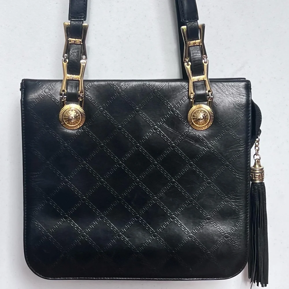 Authentic VERSACE Vintage Black Leather Zip Shoulder Bag Purse W/ Tassel